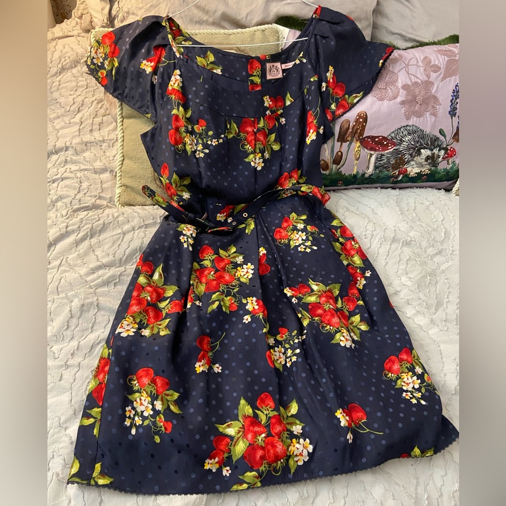 Vintage Juicy Couture Silk Strawberry Navy Polka Dot Dress 12